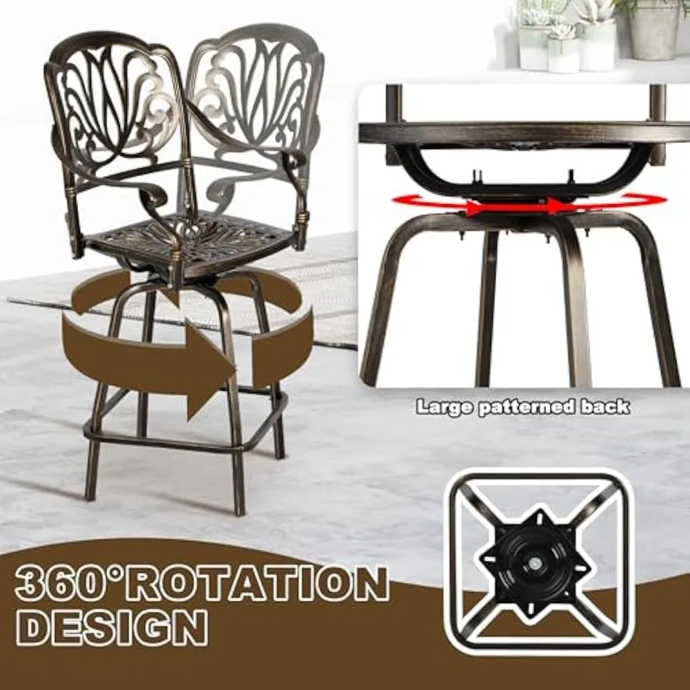 Outdoor Cast Aluminum Swivel Bar Stools Set of 2, Patio Height Bartools Chairs, 2 Piece Patio High Dining Bistro Chairs 4
