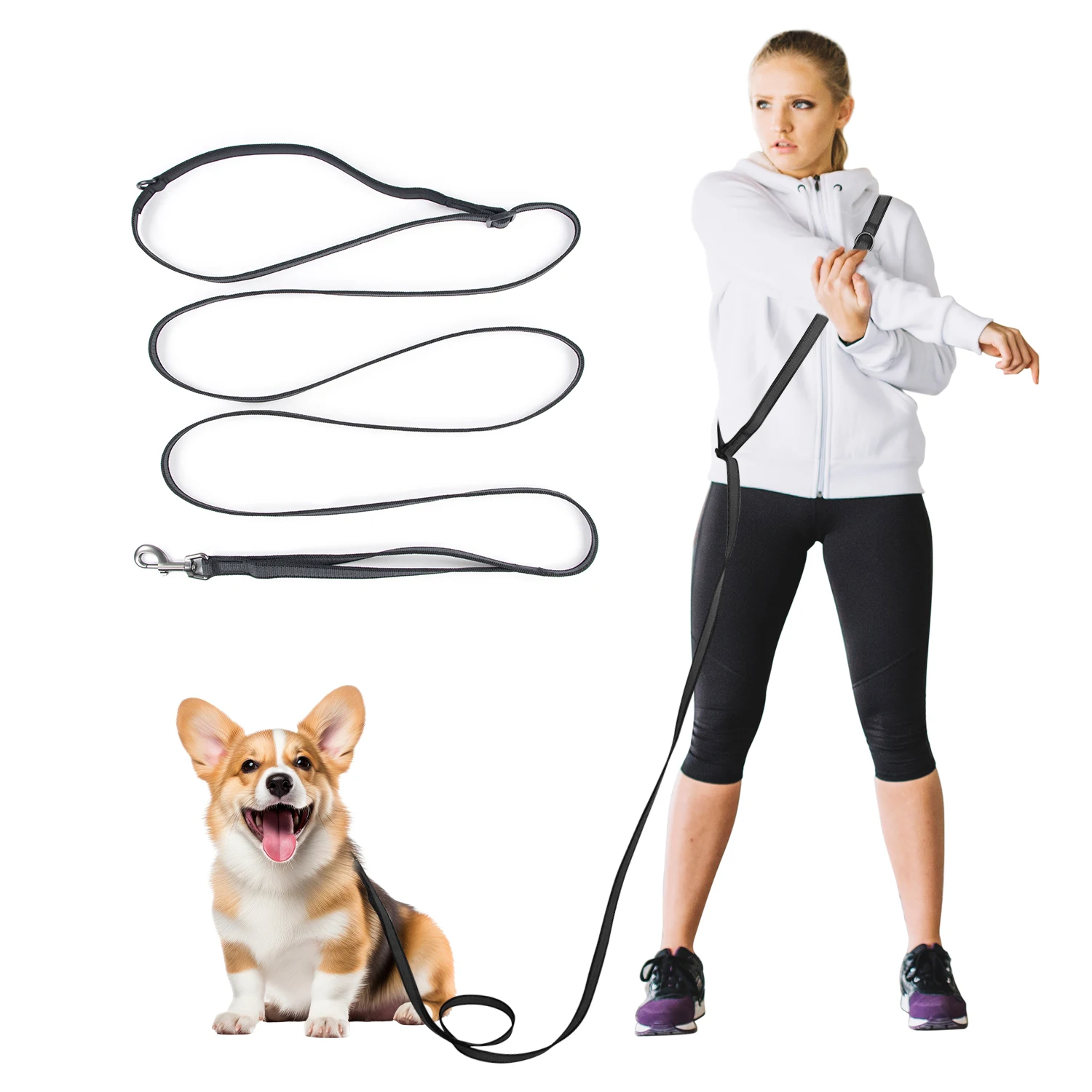 Hands Free Double Handle Dog Leash for Running Walking, Adjustable Multifunctional Crossbody Waist Leash Big Medium Pet Dogs Hands Free Double Handle Dog Leash for Running Walking, Adjustable Multifunctional Crossbody Waist Leash Big Medium Pet Dogs