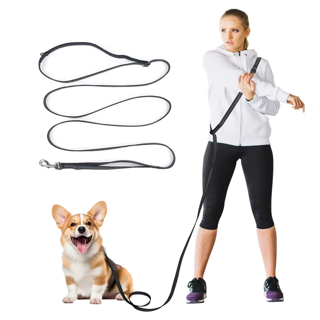 Hands Free Double Handle Dog Leash for Running Walking, Adjustable Multifunctional Crossbody Waist Leash Big Medium Pet Dogs