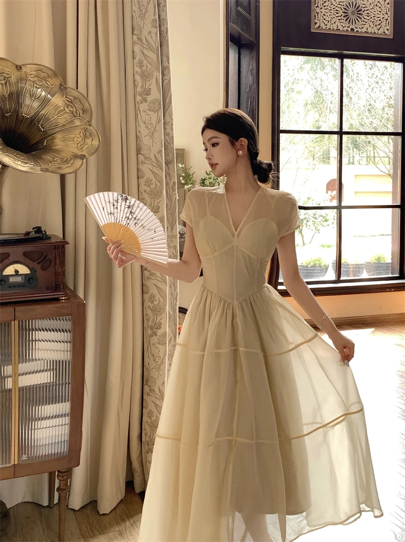 Elegant Long Dresses for Women V-neck A-line Birthday Party Dress French Casual High Waist Summer New Prom Retro Vestidos Mujer