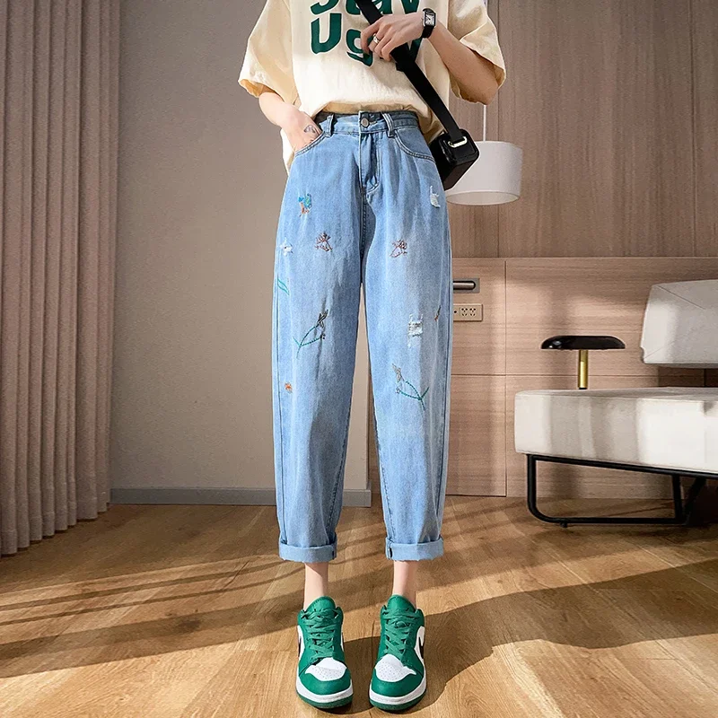 

Ripped Jeans Women's Summer Thin Embroidery Spring and Autumn High Waist Loose Straight Wide Leg Pants