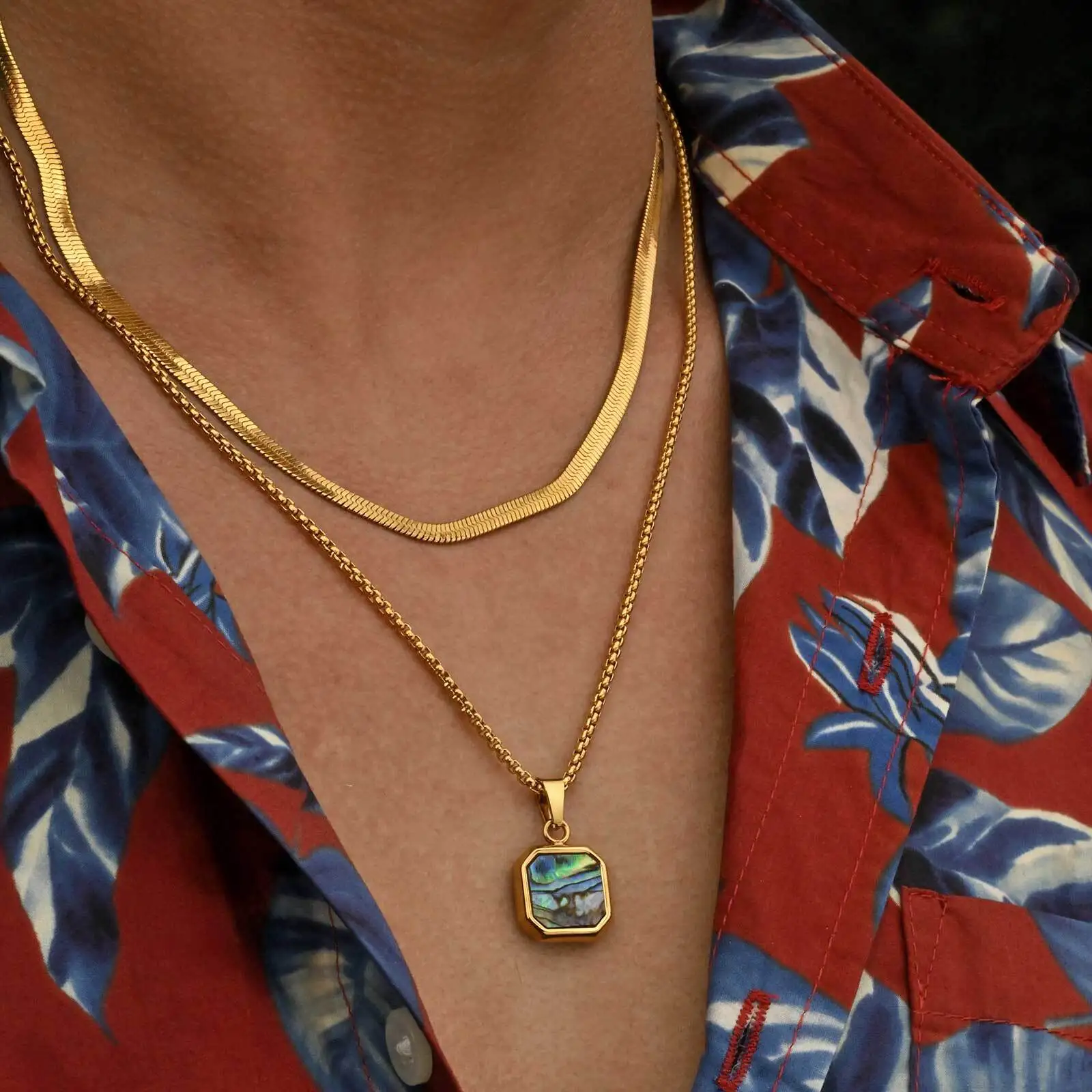 Trendy Abalone Shell Necklace for Men Boys,2pcs/set Stainless Steel Squre Pendant Necklace,Trendy Birthday Party Jewelry Gift