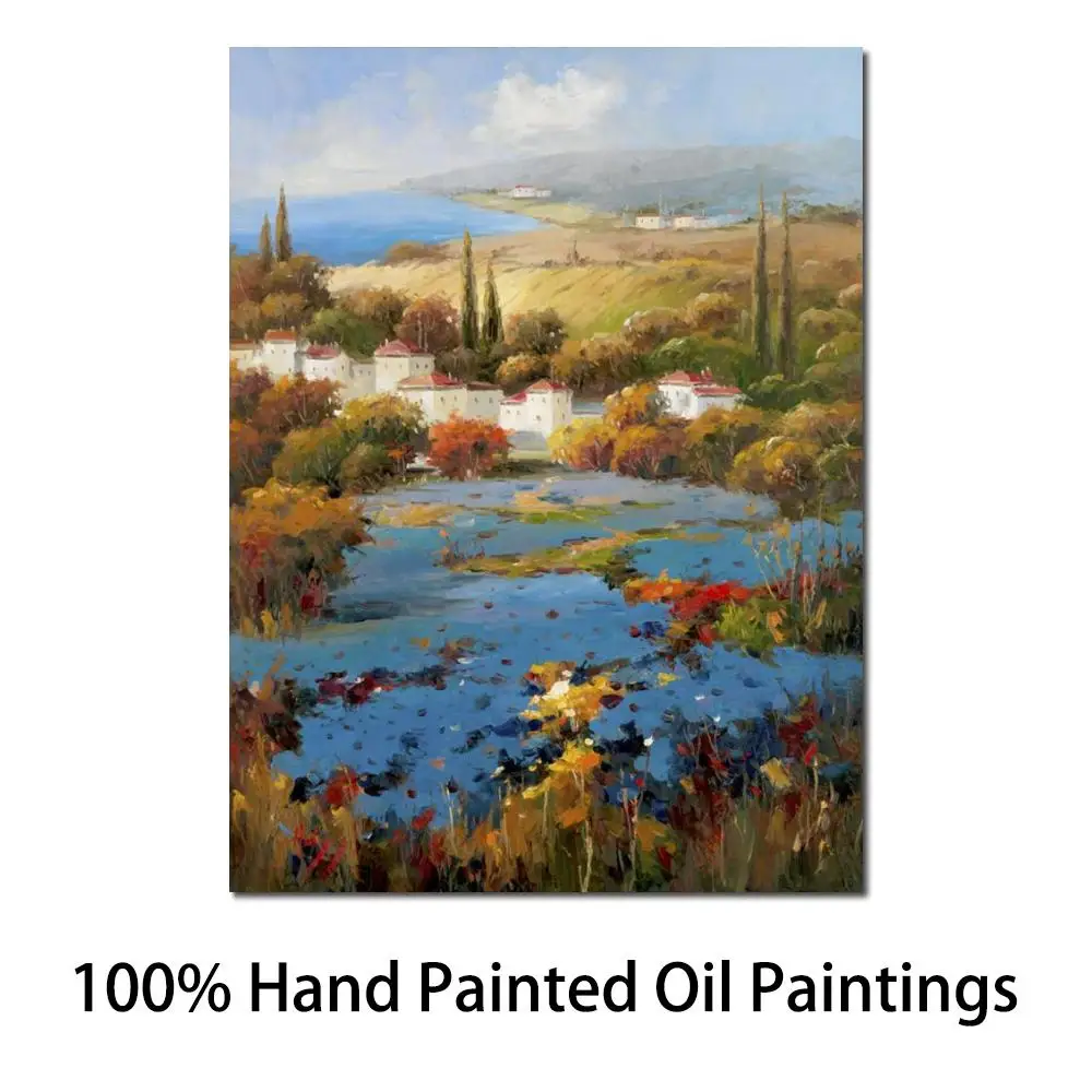 

Beautiful Canvas Oil Painting Landscapes Villagio Blu Hand Painted Flower Field Artwork for Living Room