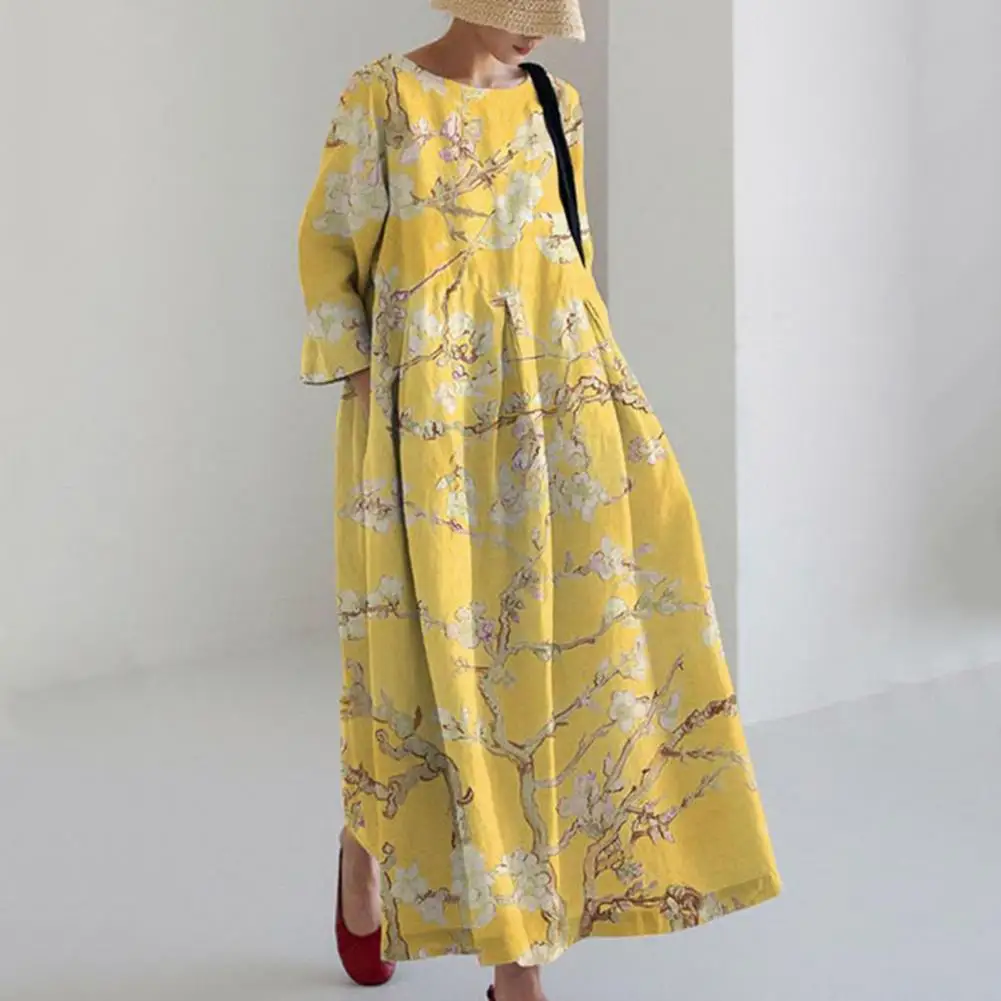 

Женское платье-макси трапеция с цветочным принтом, элегантное Свободное платье с боковыми карманами и плиссированным подолом для торжественных случаев