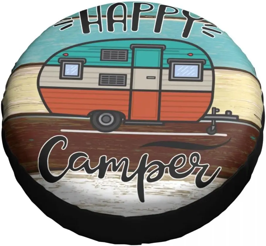 Happy Camper Tire Cover Waterproof Dust-Proof Universal Spare Wheel Tire Cover Fit for Trailer RV SUV Truck 14 15 16 17 Inch