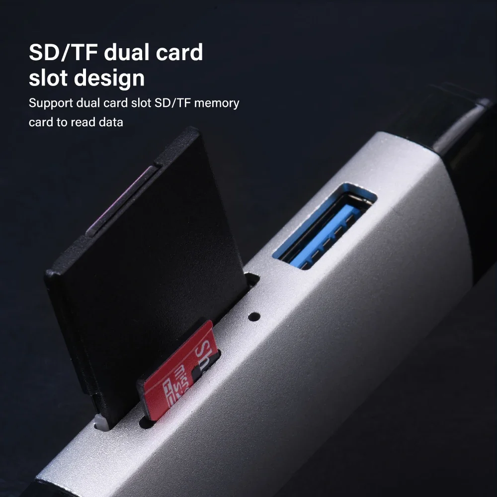 TYPE-C USB 3.0 미니 메모리 카드, 다기능 카드 리더기, 외부 스토리지, 메모리 스틱 카드 리더기, 블랙 스트레치, 6-in-1