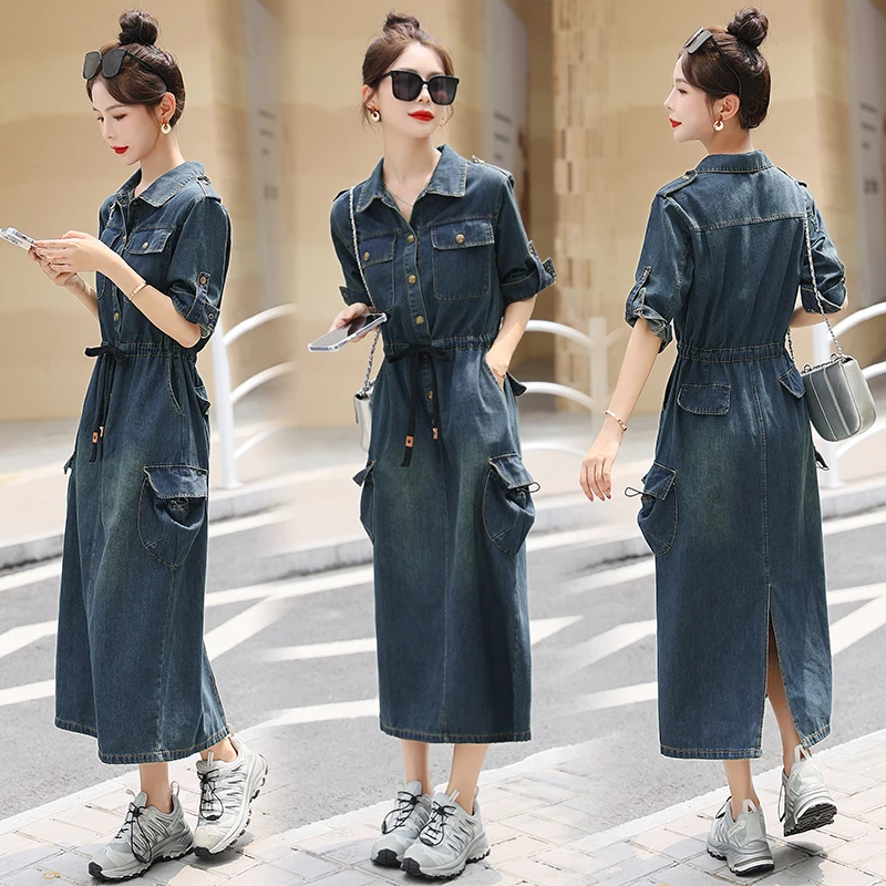 

Vintage Denim Women's Dresses 2023 New Slim Clothing Solid Three Quarter A-LINE Empire Fashion Spring/Summer Women Dress