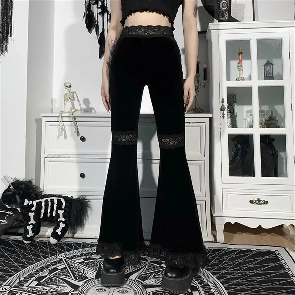 womens clothing Gothic Black Pants High Waist Flared Pants Aesthetic Sexy Lace Patchwork Trousers Women Vintage Elegant Velvet Christmas Pant vuori joggers