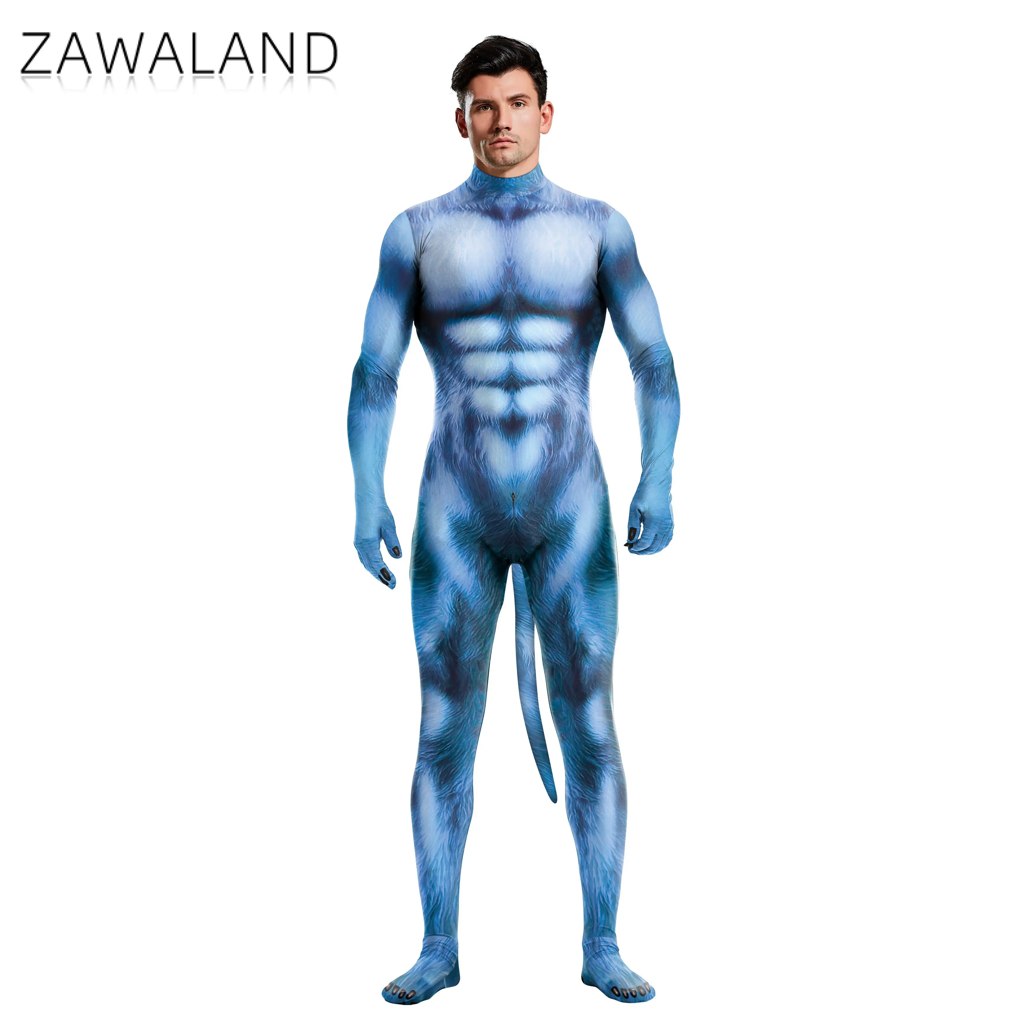 Zawaland Blue Furry Costumes Men Halloween Clothes with Tail Crotch Zipper Zentai Suit for Funny Couple Party Outfit Carnival Wear cosplay costume,men festival costume set