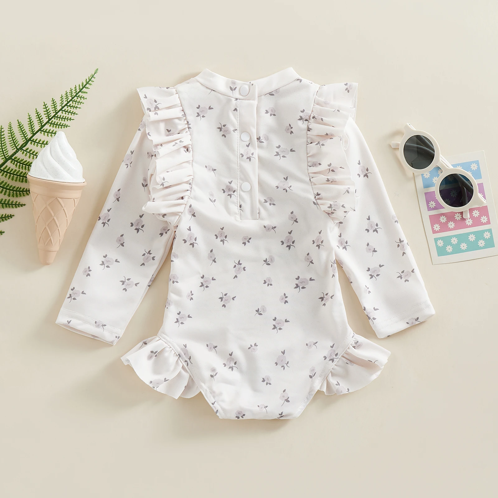 Kids Baby Girls Swimwear Floral/Plaid Ruffle Long Sleeve Crew Neck Swimsuit Bathing Suit Children Girl Beachwear for 0-4 Years - 5