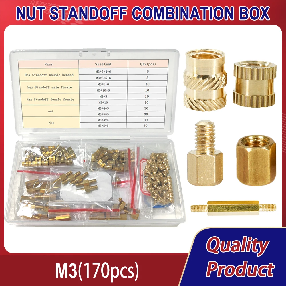 M3 170Pcs Brass Insert nut and PCB Motherboard Standoff Computer Circuit Board Hex Spacer