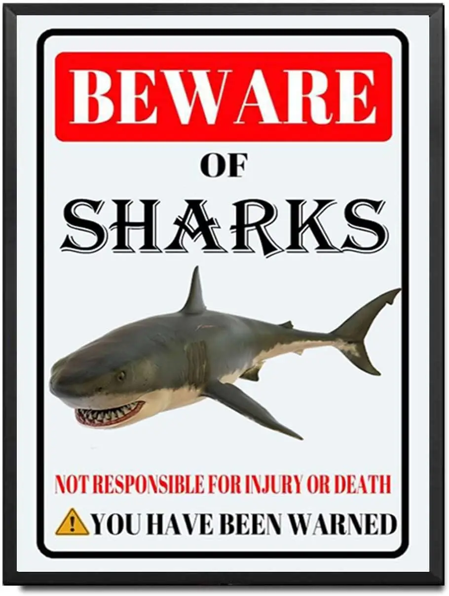 

Sharks Tin Sign Beware of Sharks Metal Sign Funny Home Wall Decor Outdoor Warning Decorations Signs-12x16inch-Metal