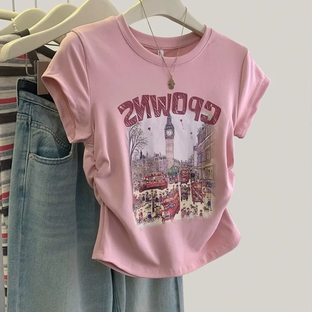 

Модная облегающая женская футболка с круглым вырезом и коротким рукавом, маленькая нишевая мягкая одежда с буквенным принтом