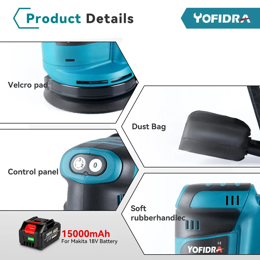 Electric Sander Cordless Sander Yofidra 5 Inch Electric Orbital Sander 3 Speed Adjustable Cordless Rechargeable Woodworking Power Tool For Makita 18VBattery