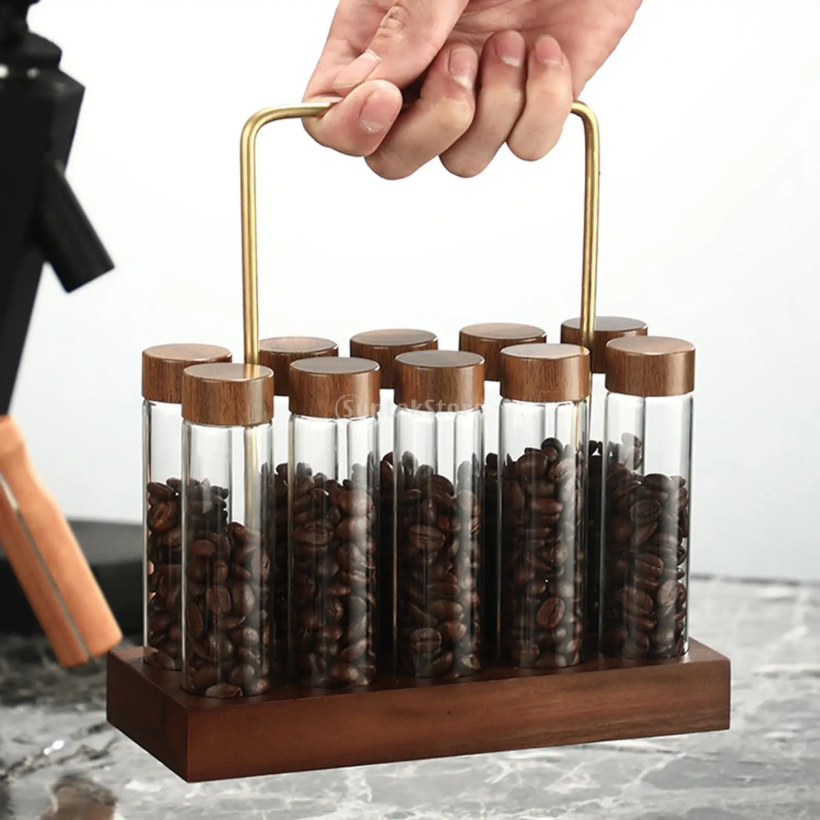 10x Single Dose Coffee Bean Cellar Tube with Wooden Holder Stand Glass Coffee Beans Storage Containers for Coffee Lovers 5