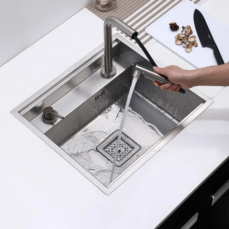 Hidden Stainless Steel Kitchen Sinks Modern Kitchen Accessories with Cover Kitchen Sink Dish Drainer Light Luxury Single Tank L 4