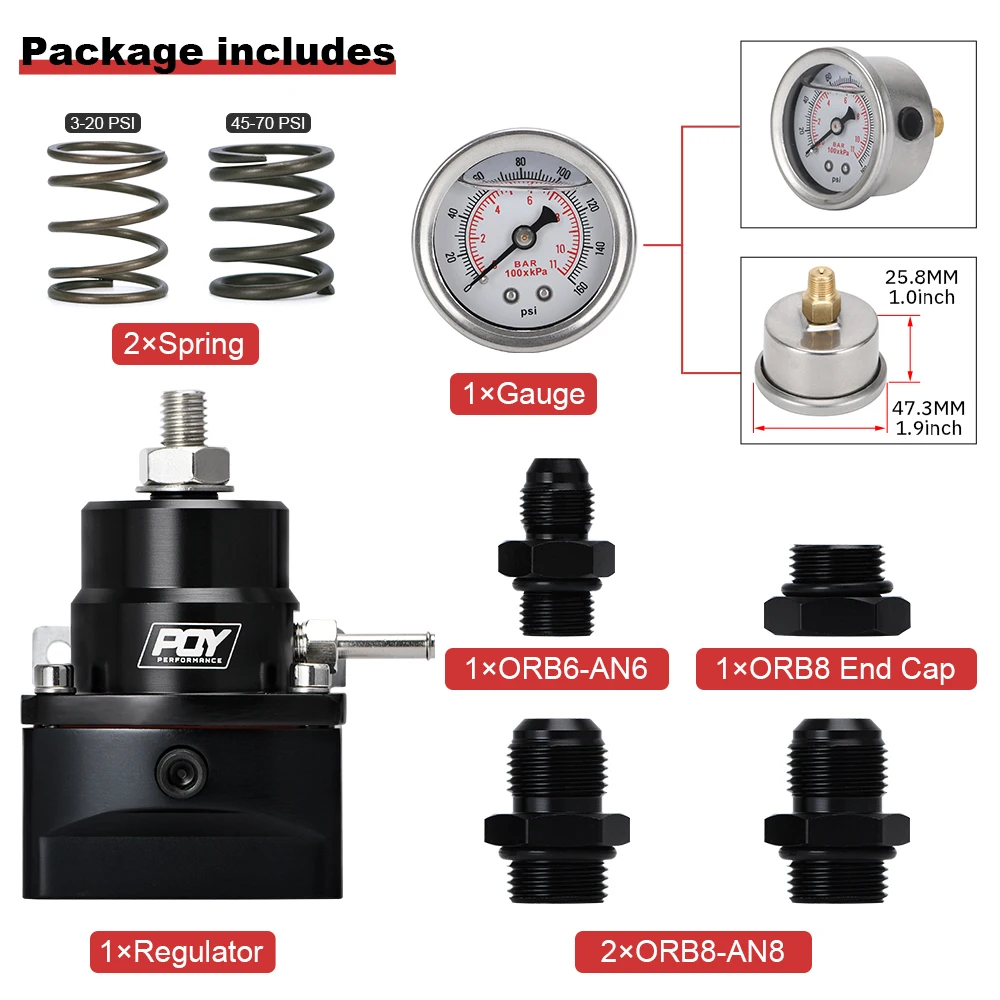 Fuel Pressure Regulator Universal Aluminum Fuel Pressure Regulator AN8 Feed & AN6 Return Line W/ 0-160PSI Gauge Set 3-20 20-45 45-70 Pressure Springs