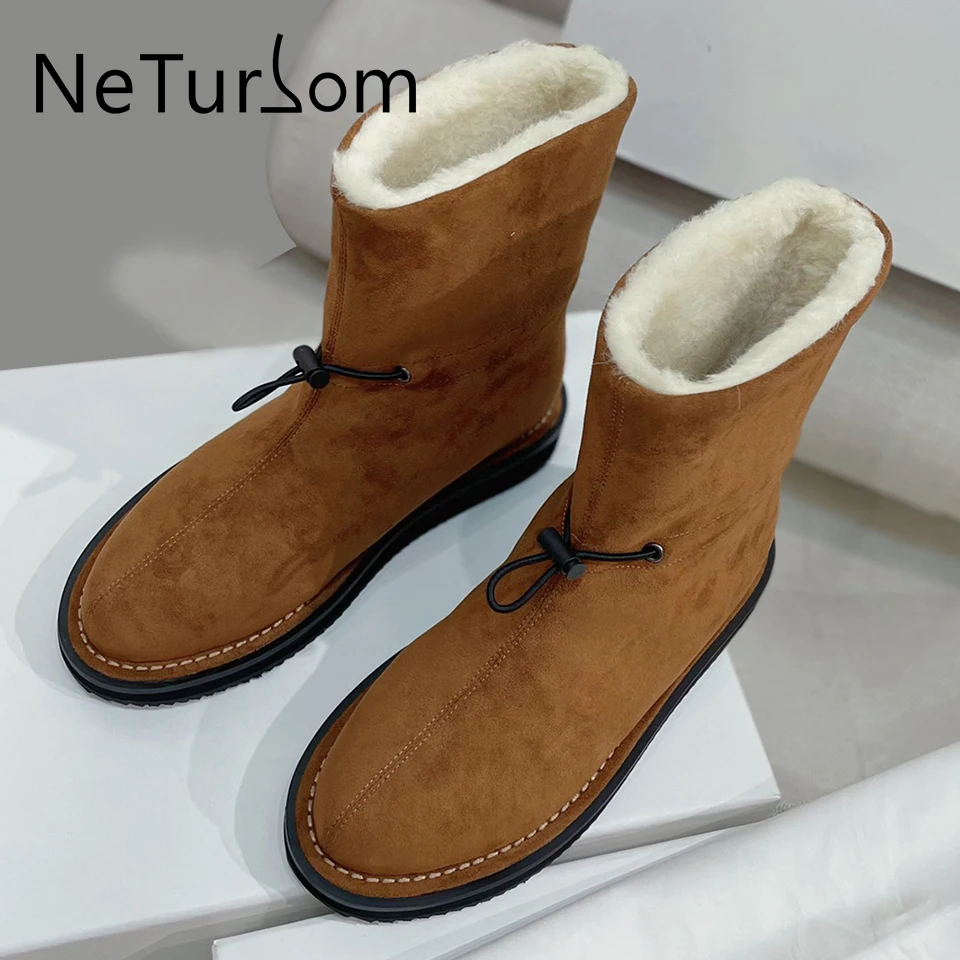 

Winter New Drawstring Cotton Shoes With Thick Plush Snow Boots Environmentally Friendly Fur Short Boots Flat Suede Women's Shoes