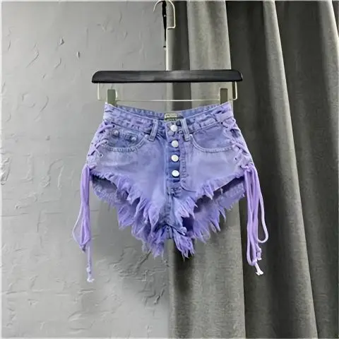 Women's Autumn New Purple Fashionable Sexy Low Rise Single breasted A-line Denim Shorts with Strap Hot Pants
