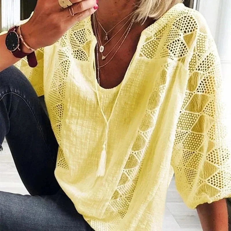 Women's Hollow Out V-Neck Short Sleeve Cotton White Shirt Loose Stitching Lace Blouse Casual Tops Summer Fashion 2025 24294
