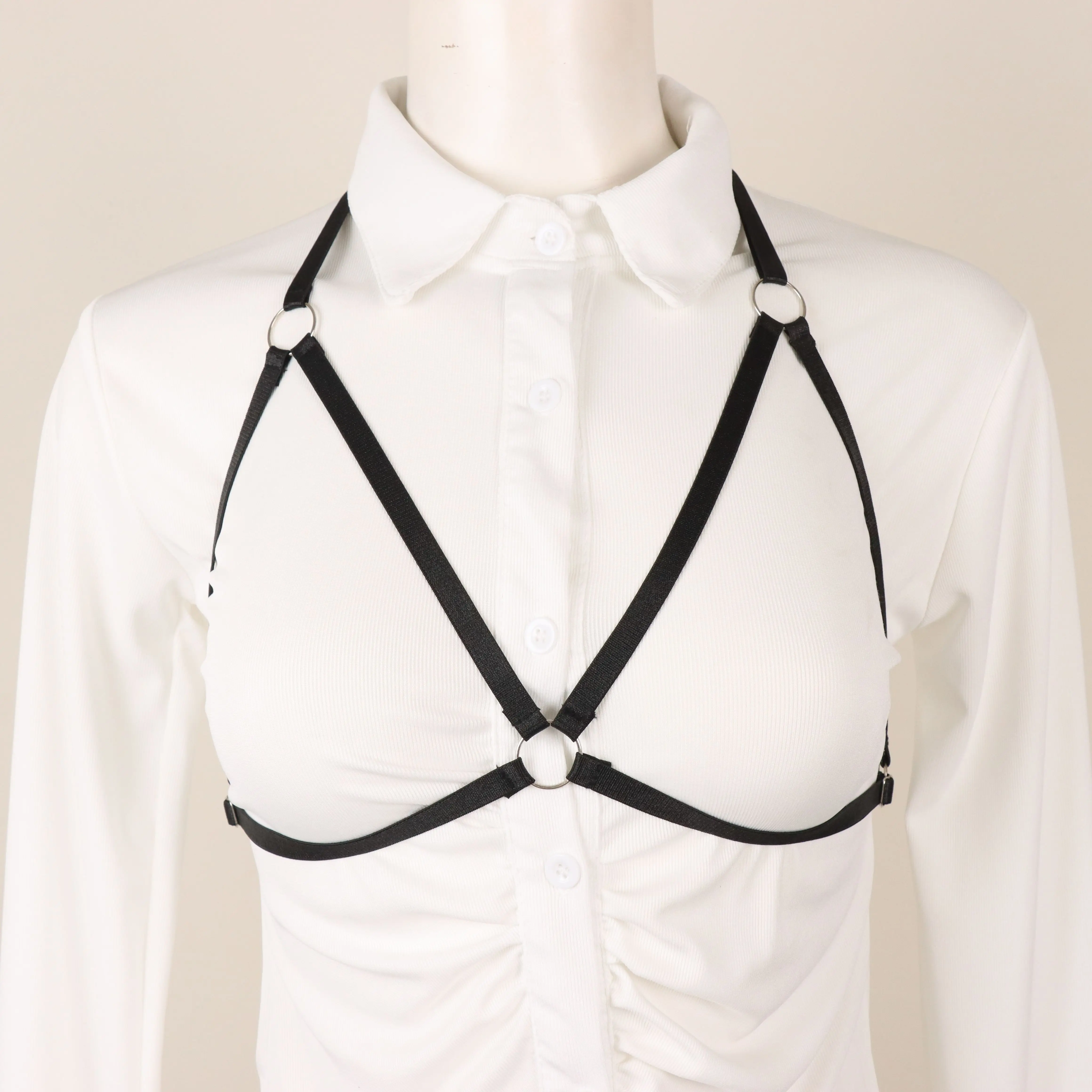 1 Stück Damen Harness-Gürtel Goth Crop Top Elastischer Riemen-BH mit Ausschnitten Neckholder-BH Bustier-Top – Detail 2