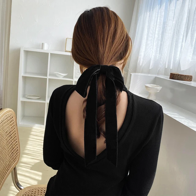 Bow Hair Ribbon Vintage Black Velvet Scrunchie Women Long Elastic