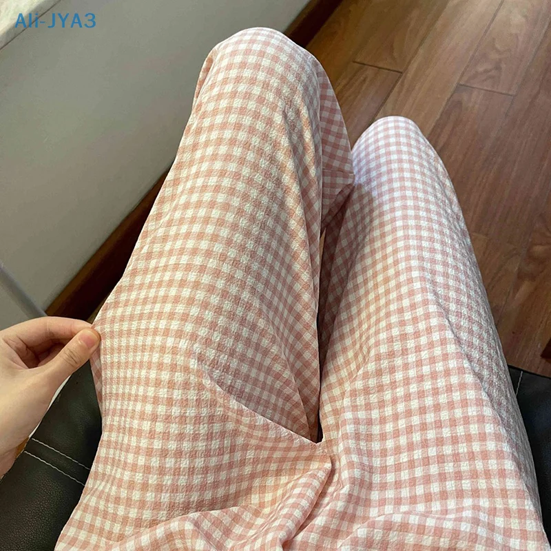 

Fashion Pink Plaid High Waist Casual Home Walking Wide Leg Pants For Women