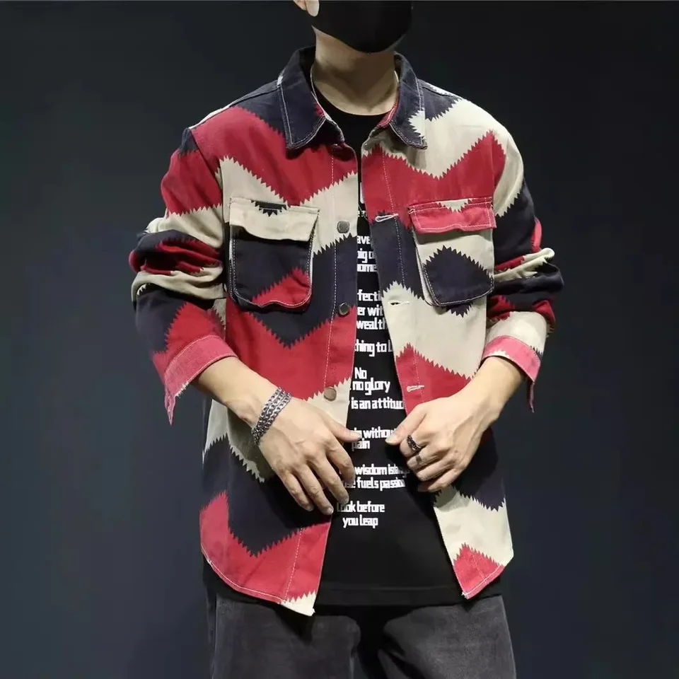 남성용 트렌디 데님 재킷, 루즈핏 컬러 블록 디자인, 감각적인 스타일, 긴팔 라펠 가디건, 젊음 패션