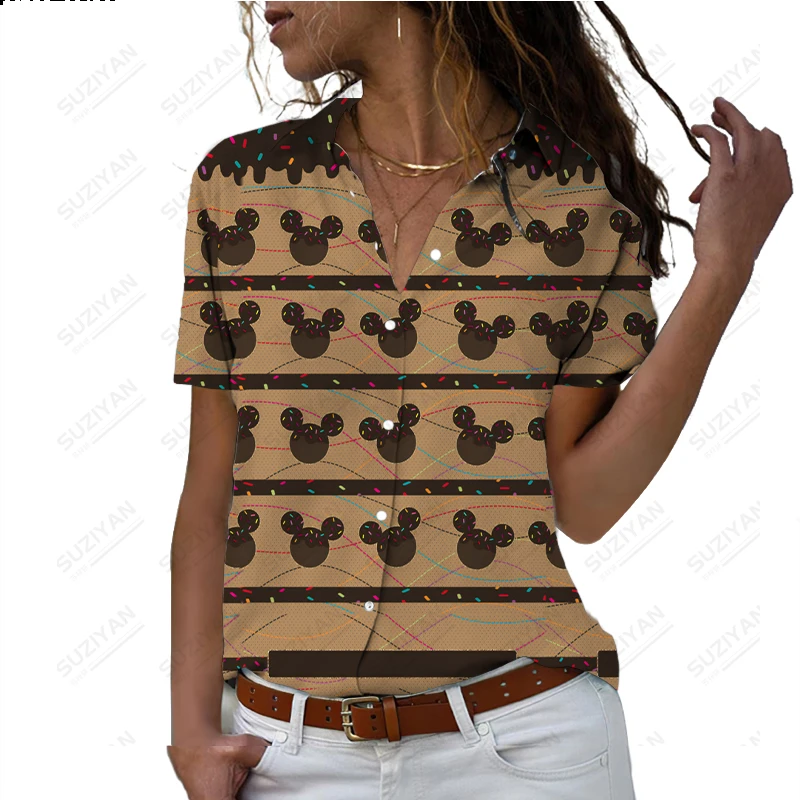 

Summer Disney Shirt Short Sleeve Button Style Cardigan Top 3D Printed Casual Harajuku Comfortable V-Neck Large Rainbow Mickey