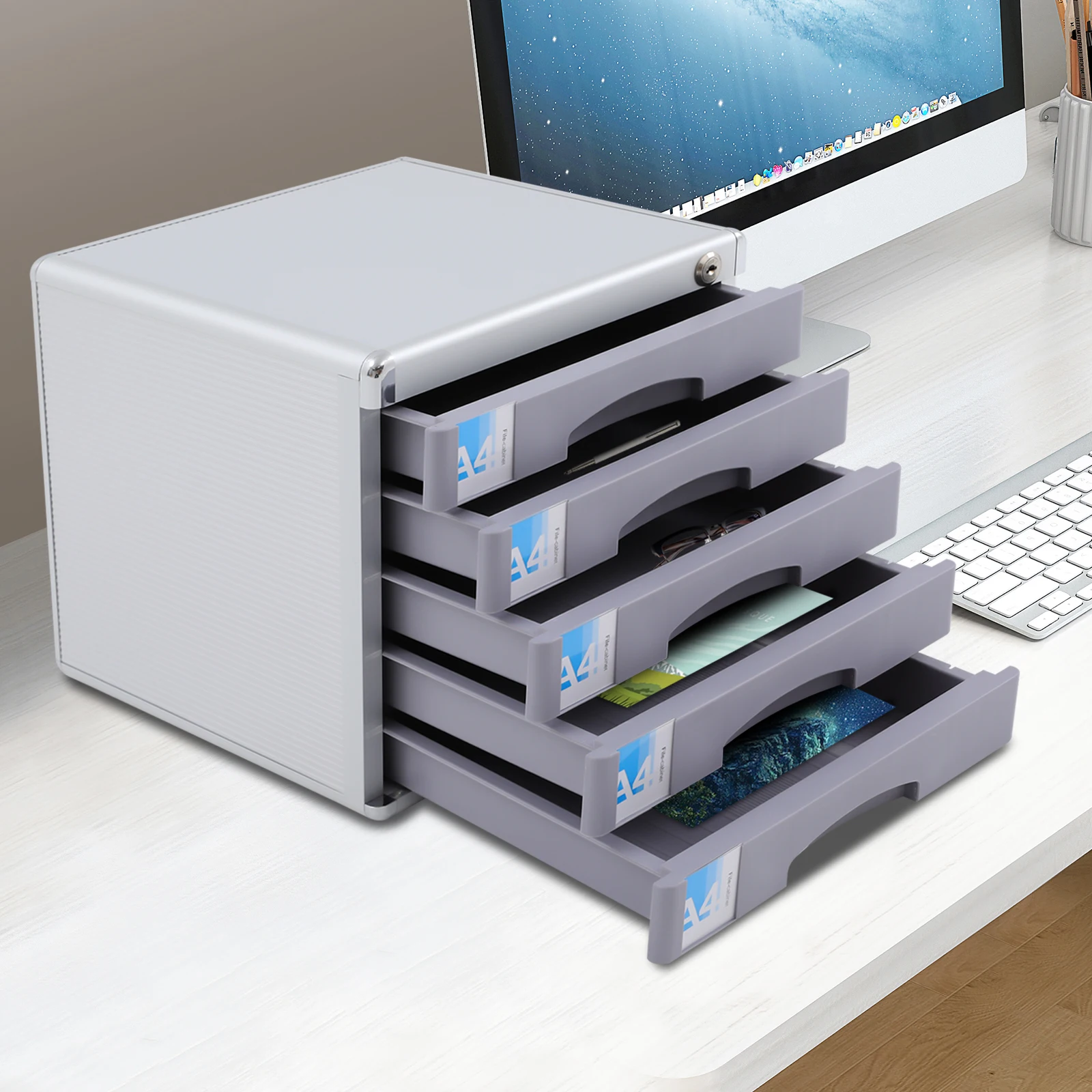 5-lagiger Schreibtisch-Schubladen-Organizer, Aktenschrank mit feststellbaren Schubladen, Multifunktions-Aufbewahrungsschrank für Büro, Zuhause – Detail 2