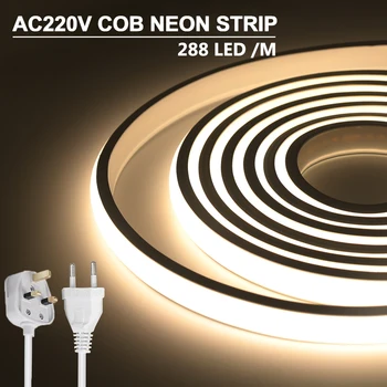 COB LED 네온 스트립 조명, EU 플러그, 영국 플러그, 288LEDs/m RA90, 유연한 LED 테이프, 방수 야외 정원 주방 침실 장식, 220V