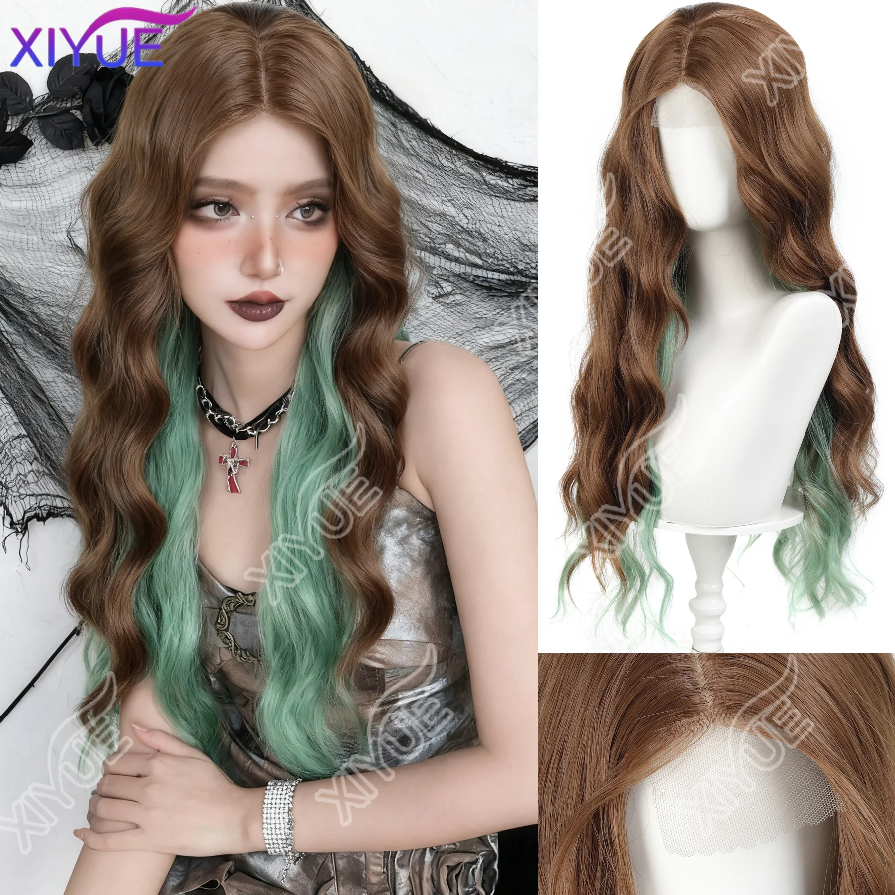 XIYUE Front lace Long Curly Brown highlights green Wave Synthetic Wigs with Bangs for Women Christmas Cosplay Wigs