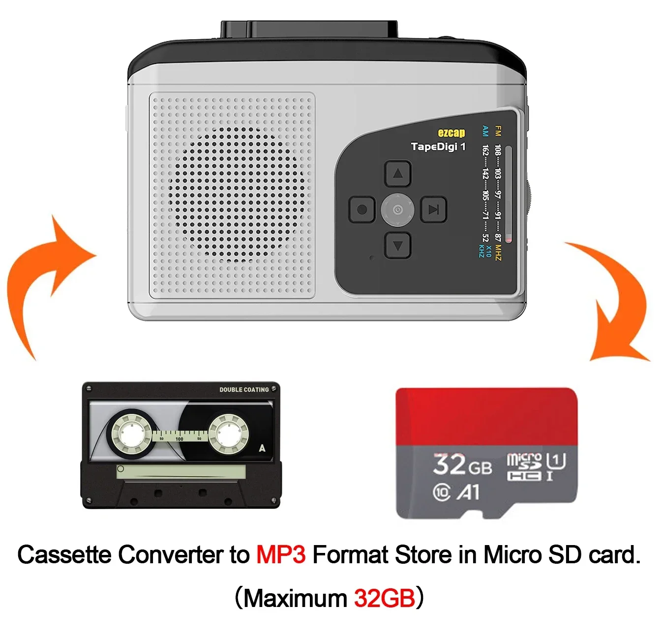 Ezcap Original Multifunction Walkman Cassette Player with AM/FM Radio Cassette To MP3 Converter Save To TF Card No Need Computer Cassette Player Music Digitizer Player