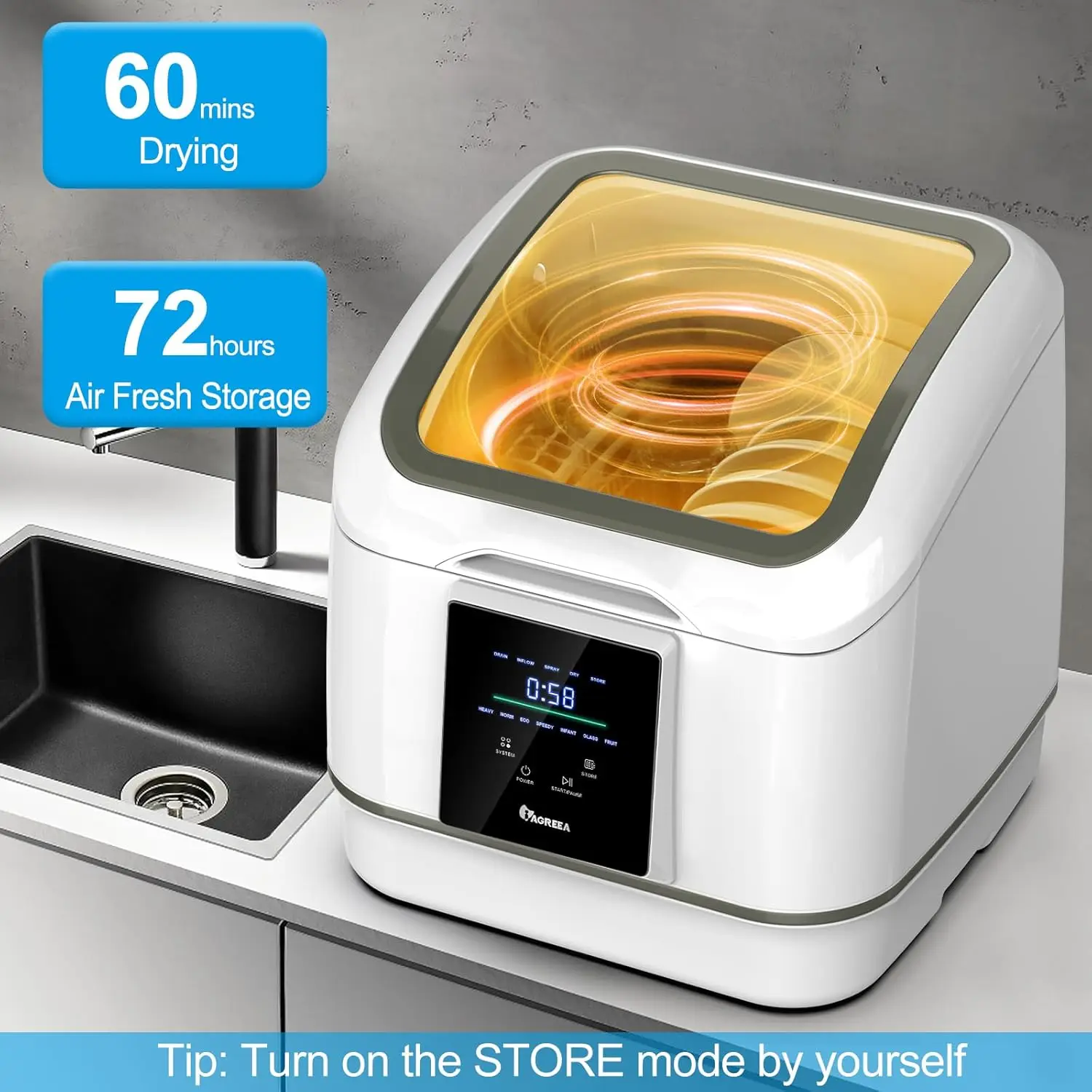 Countertop Dishwasher, 7 Washing Programs Compact Mini Dishwasher, No Hook Needed, Anti-Leakage, Fruit & Vegetable Soak 3