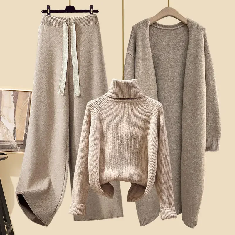 

2023 Autumn/Winter Set Long Cardigan Coat+Knitted Sweater+High Waist Wide Leg Trousers Casual Women's Three Piece Set
