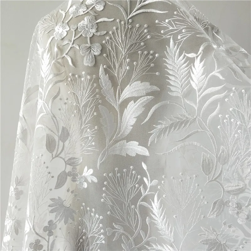 

1pc 130cm*1yard embroidery flower african lace fabric for Wedding dresses DIY white mesh embroidery french tulle lace fabrics