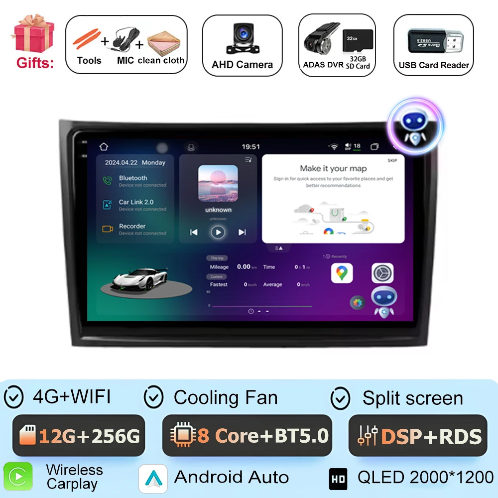 4G 64G Podofo 9 autoradio Bluetooth voor VOLVO XC90 2004-2013 Carplay Android Auto Draadloos, WiFi GPS Navi HIFI/RDS/FM DSP, 1280 * 720, Android 13 radio 2 din met AHD achteruitrijcamera