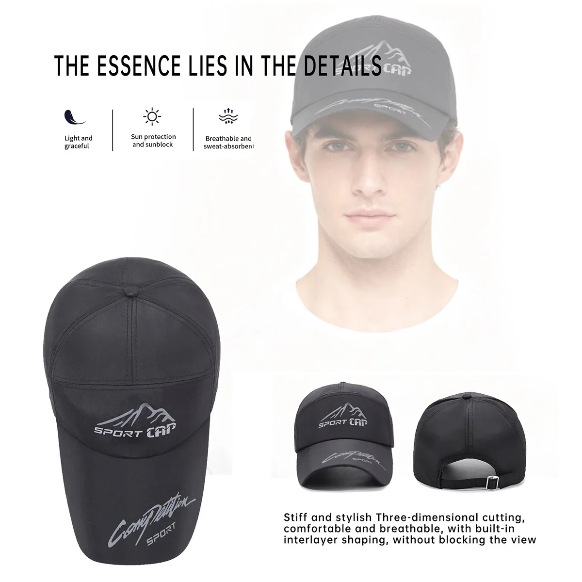 Special Brim Fishing Sun Hat for Men, Uv Protection, Quick-Drying, Velcro Fishing Baseball Cap, Long Brim, Sun Protection, Fashionable for Hiking and Camping