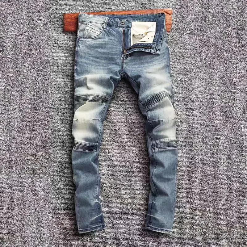 Street Fashion Men Jeans Retro Light Blue Elastic Slim Fit Spliced Biker Jeans Homme Patched Designer Hip Hop Denim Pants Men
