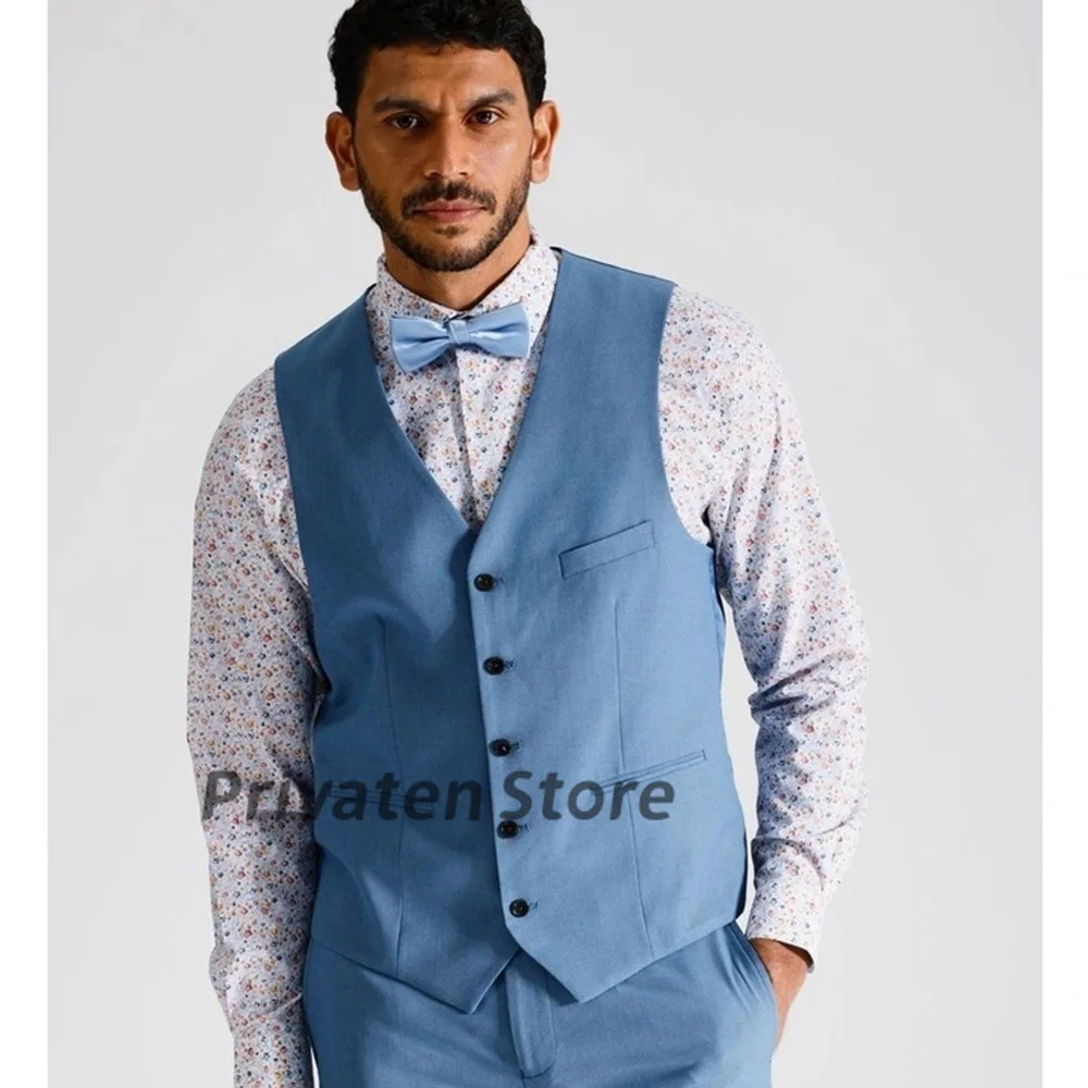 Men Suit Vest V-neck Blue With Pockets Linen Wedding Prom Summer Beach Clothing  New Arrival Fashion Male Top erkek yelek