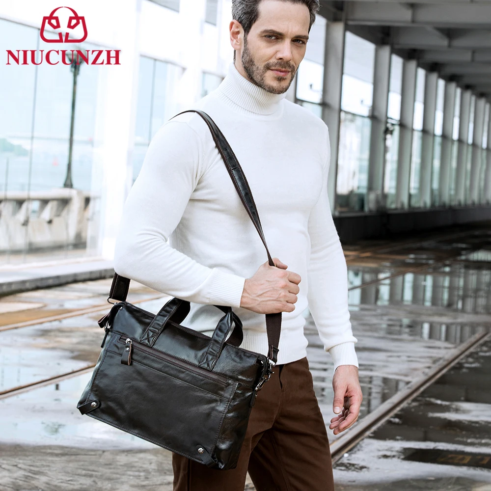 

NIUCUNZH Real Leather 14 Inch Laptop Bag Executive Briefcase Crossbody Shoulder Bag Men's A4 Pro-Document Totes Handbags Male