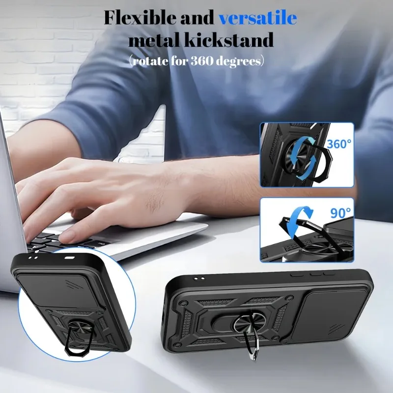 Enhanced Shockproof Phone Case with Slide Camera Lens Protection & Ring Stand
