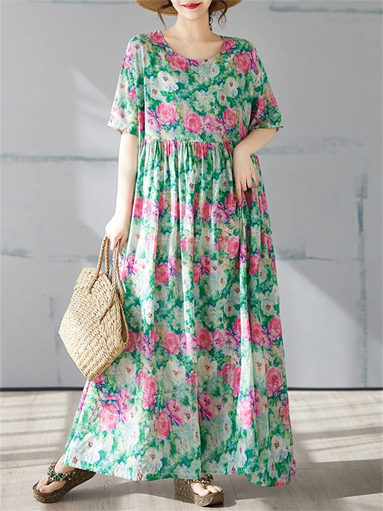 Short Sleeve Dresses For Women Casual Loose Long Cotton Vintage Fashion Dress Femme Robe Vestidos Elegant 2025 Summer Clothing