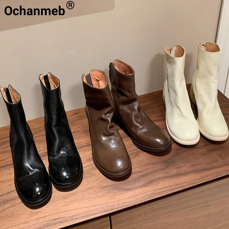 

Ochanmeb Women Real Leather Boots Handmade Beige Round Toe Zipper Short Boot Winter Woman Block Heel Pleated Shoes Autumn Winter