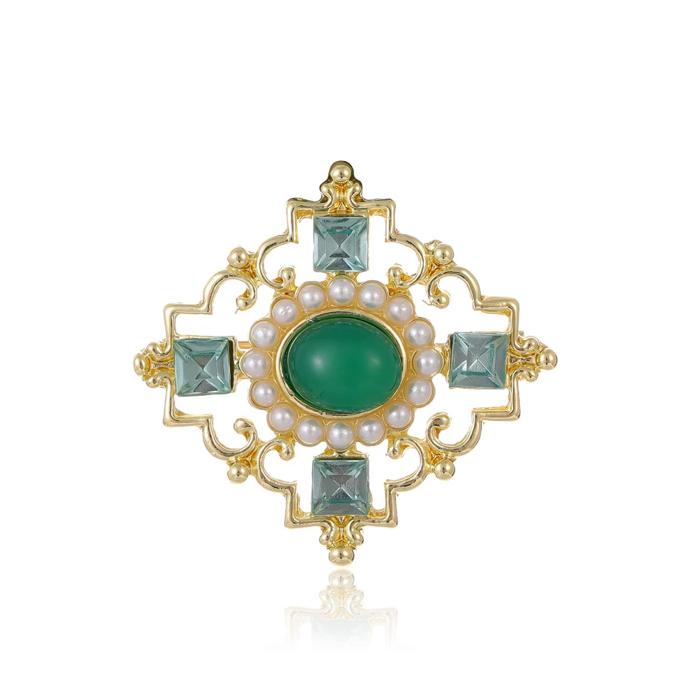 Vintage barokowy kryształowe broszki dla kobiet mężczyzna biżuteria elegancki krzyż Pearl zielony kamień broszka przypinki biżuteria prezenty dla dziewczynki