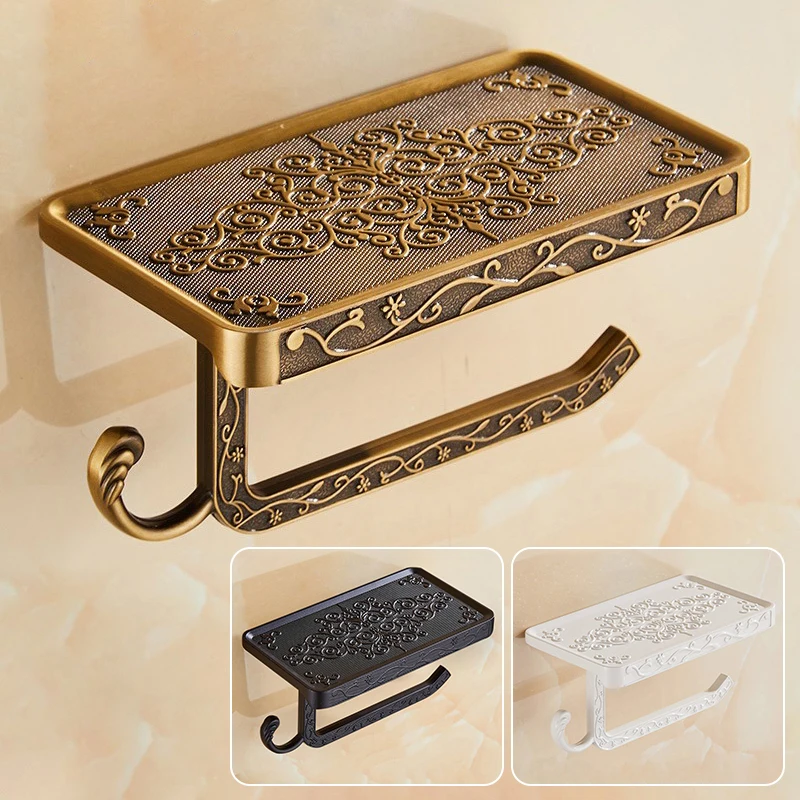 

Toilet Paper Holder,Antique Brass Carving Toilet Paper Holder with Shelf,Wall Mount Toilet Paper Roll Holder for Bathroom