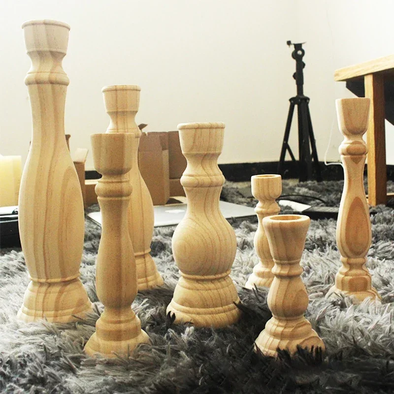 Wood Unfinished Candlesticks Holders Retro Unpainted Wood Classic Craft Candle Holders Creative Diy Home Wedding Decorations
