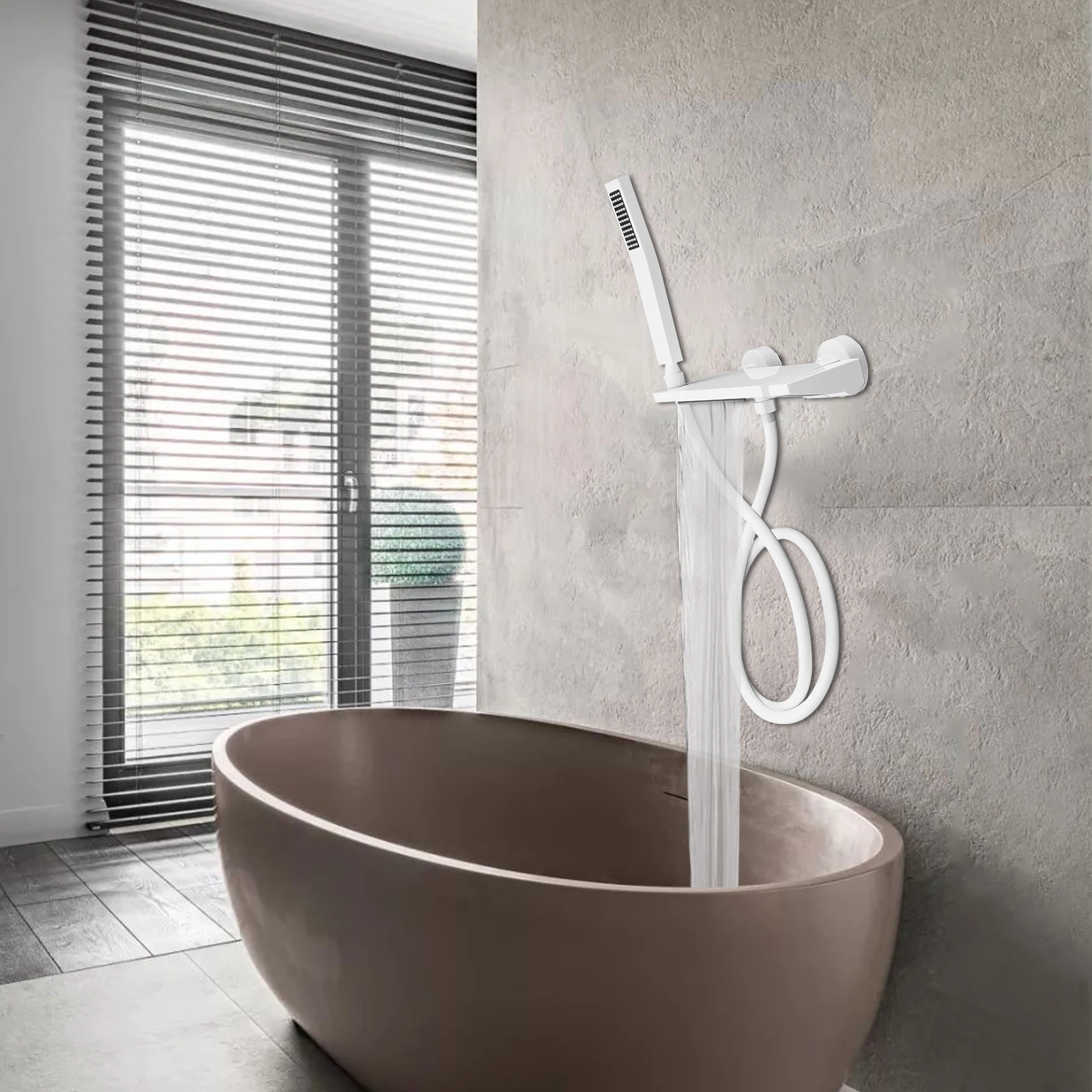 Wasserfall-Badewannenarmatur, Duschkopf, Wasserfall-Badewannenarmatur, Badarmaturen mit Handbrause, Keramik-Ventilkern für Badezimmer, Weiß – Detail 1