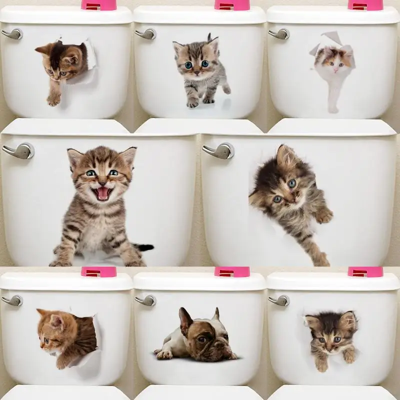 Vivid 3d Hole Cat Dog Animal Toilet Stickers Home Decoration Diy Wc Washroom Pvc Posters Puppy Kitten Cartoon Wall Art Decals