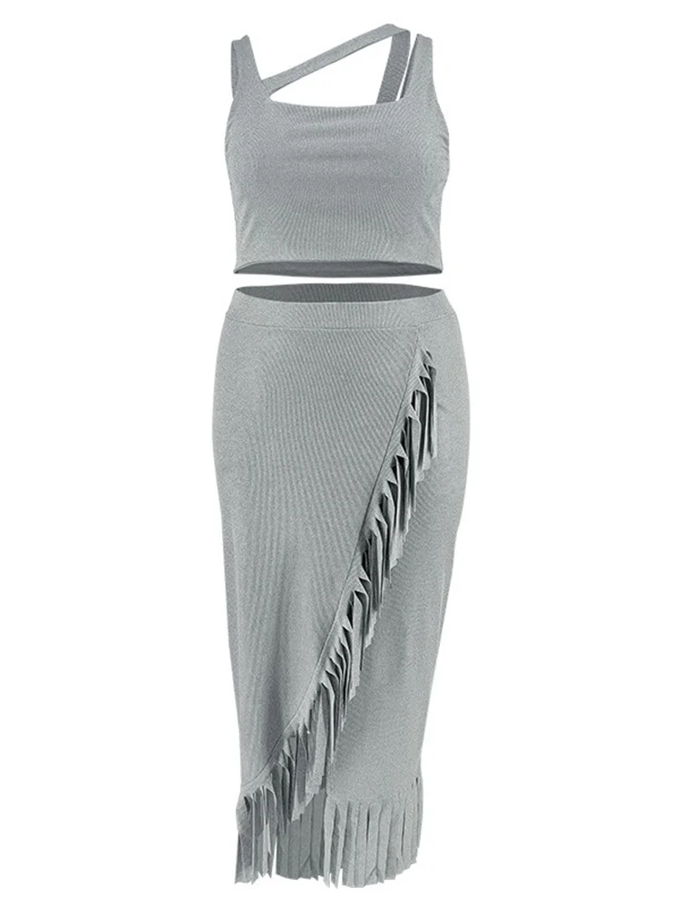 Wmstar Plus Size Two Piece Set Women Summer Sexy Crop Top Long Skirt Sets Tassel Casual Matching Suit Wholesale Drop Shipping